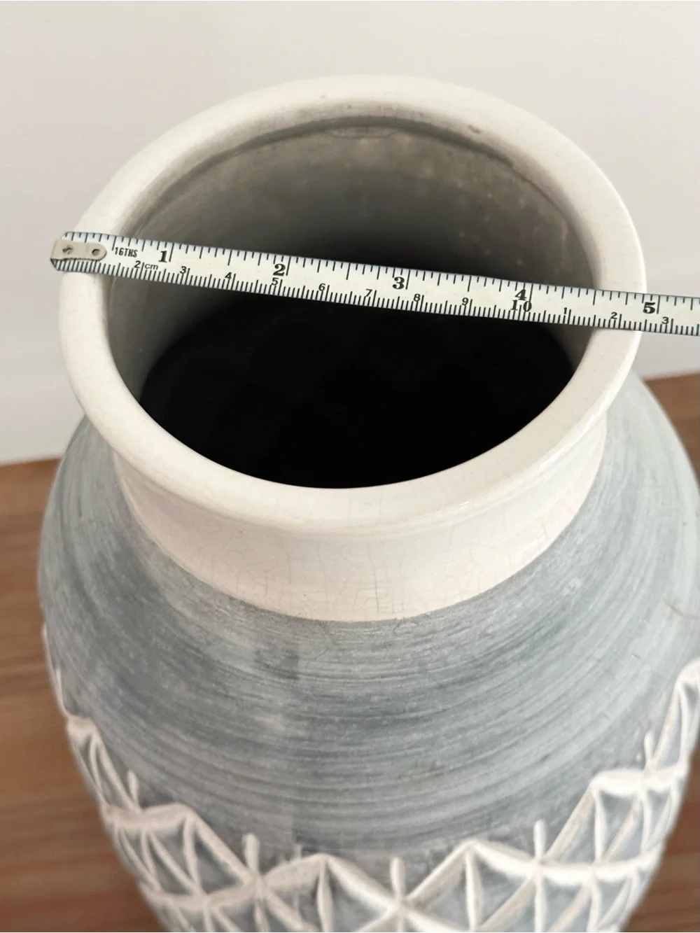 Textured Ceramic Vase in Gray Blue and White Diamond Pattern